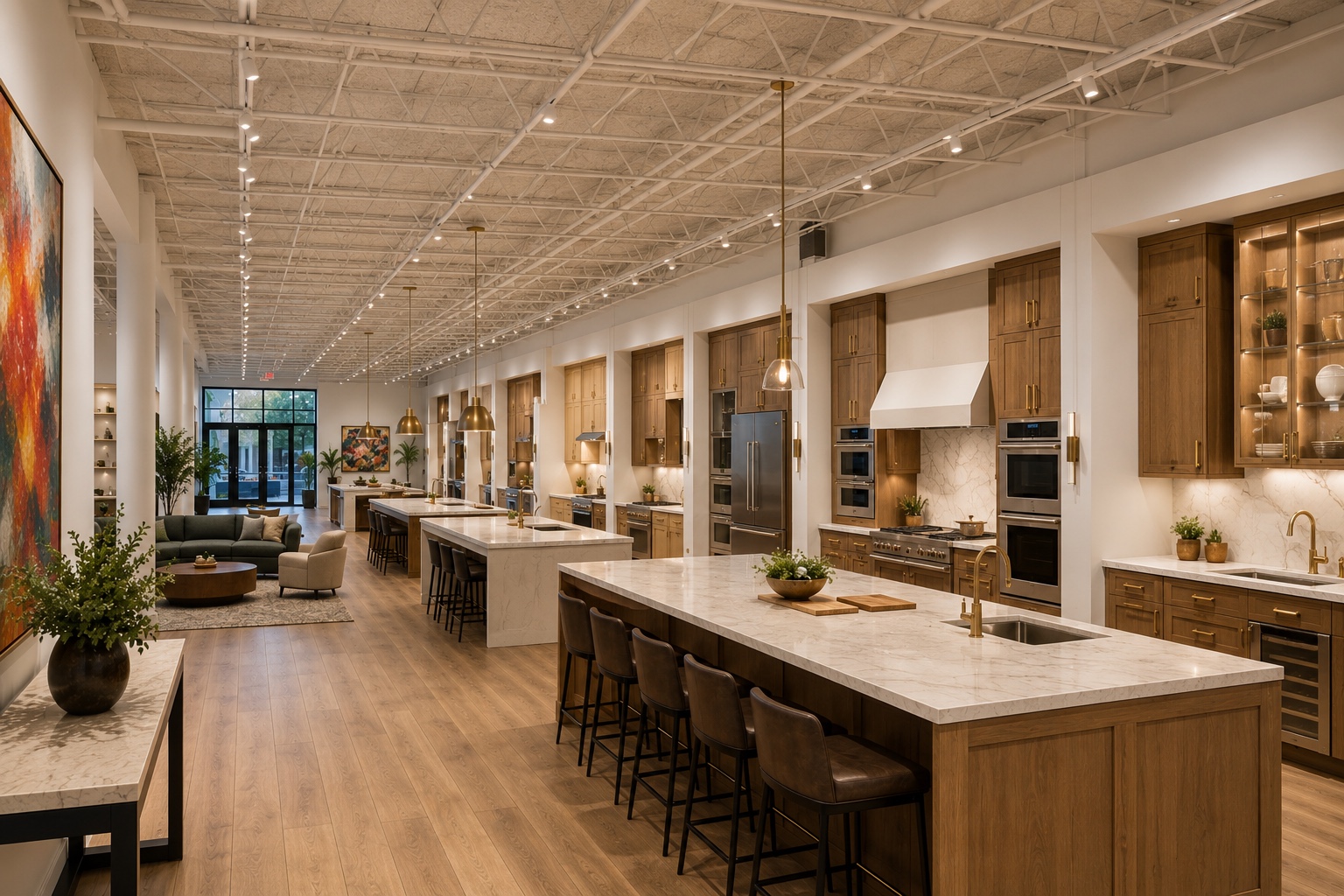 Architectural rendering of multiple working kitchen environments arranged through The Luxury Tree House.